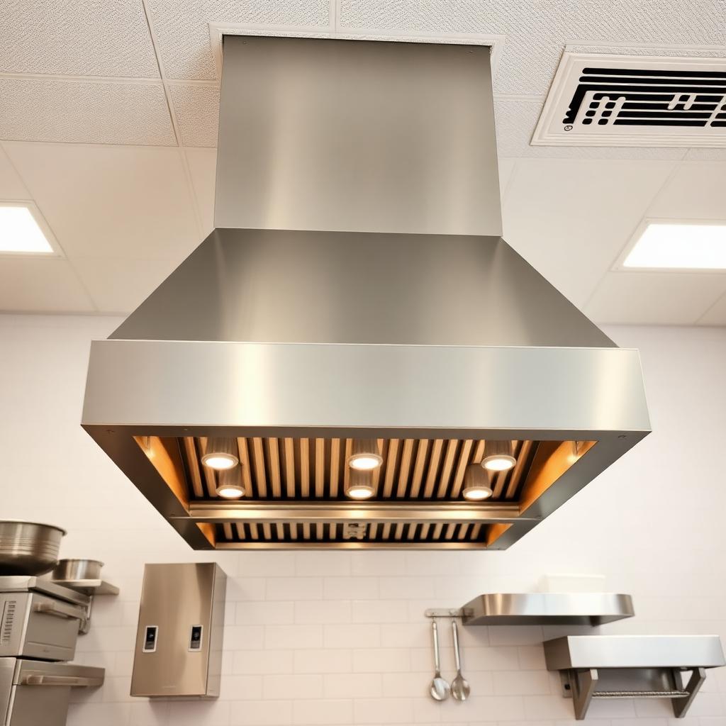 Completed commercial kitchen with new stainless steel exhaust hood
