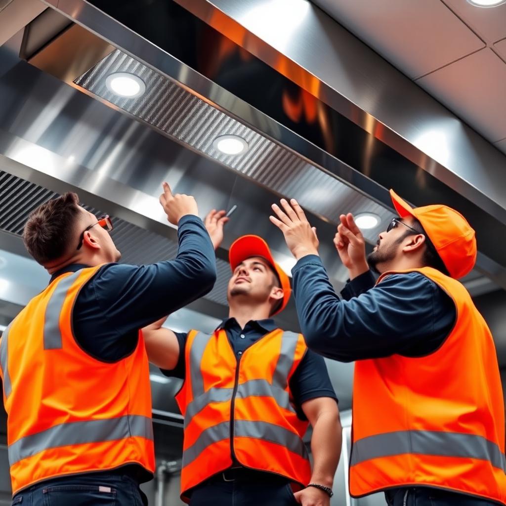 Express Hood crew in safety vests inspecting a commercial hood