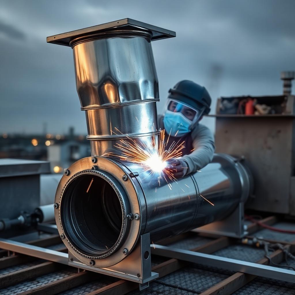 Welded stainless steel grease duct fabrication on rooftop