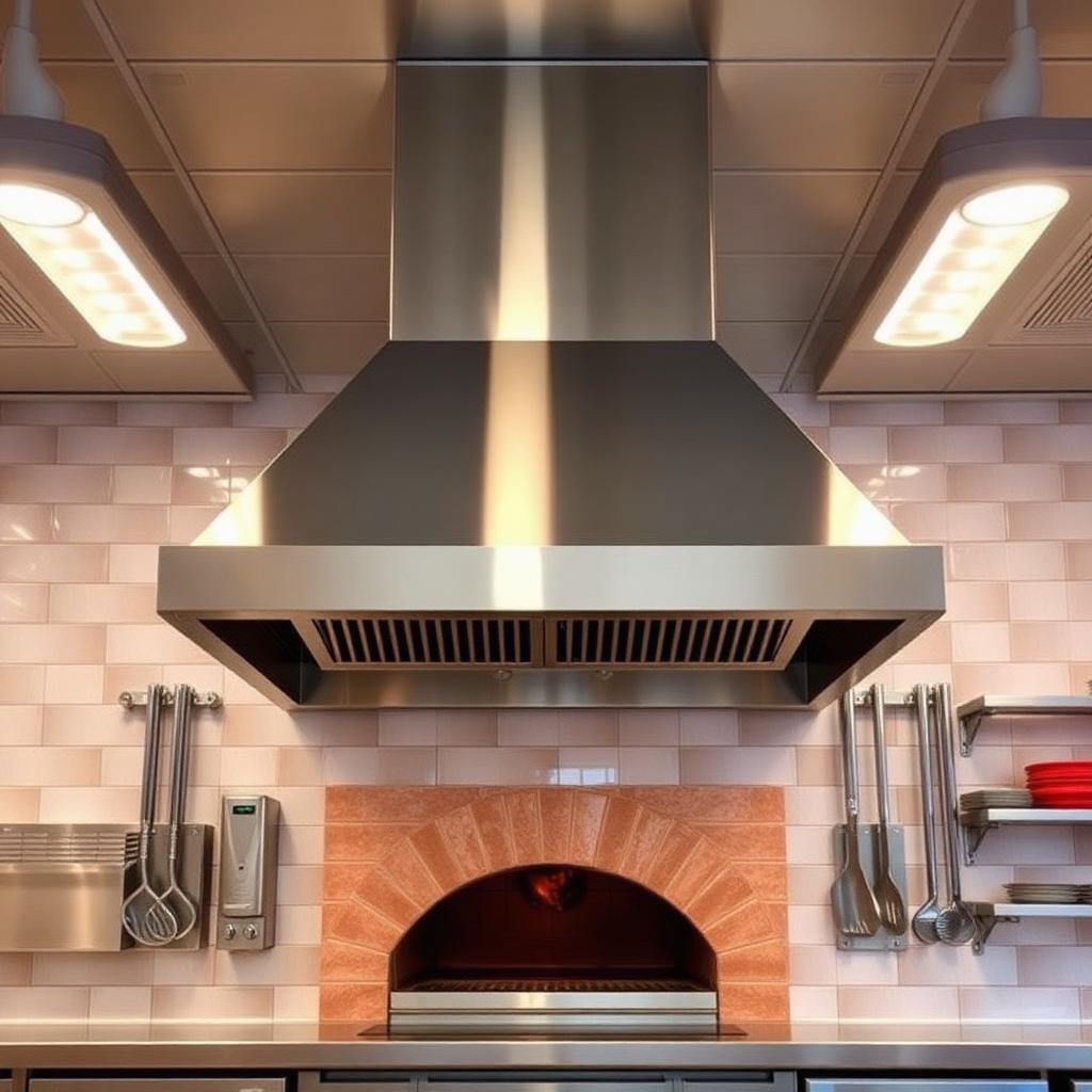 Newly installed hood above commercial brick pizza oven