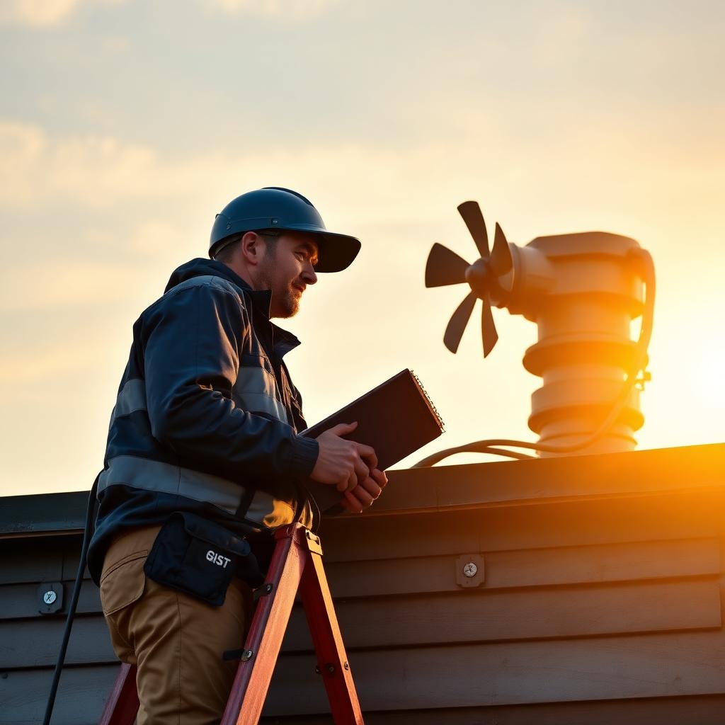 Technician inspecting rooftop exhaust fan at sunset